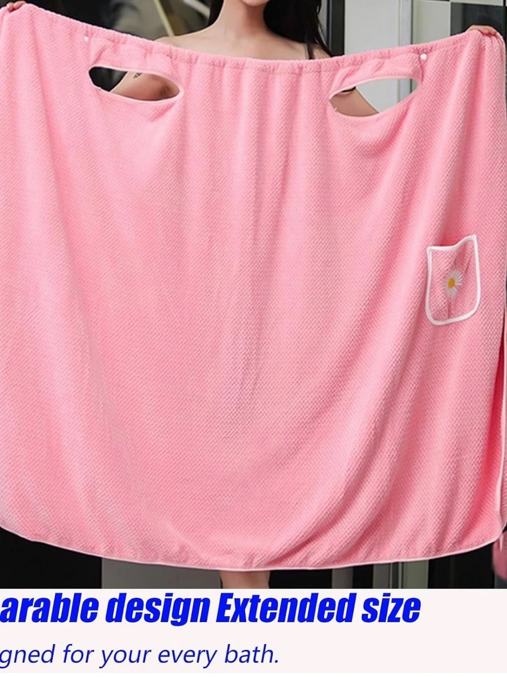 light blue, pink fleece wearable bath towel wrap with a daisy pocket